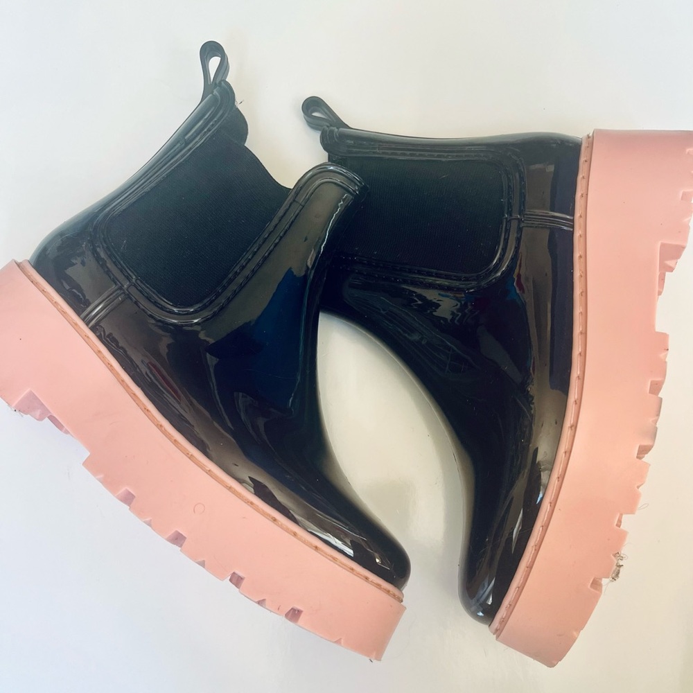 Black and Pink Ankle Platform Rain Boots